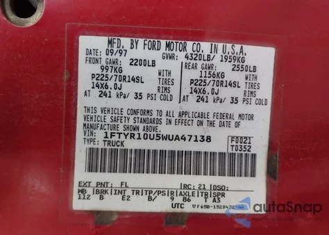 1998 Ford Ranger из США, поврежденный, VIN 1FTYR10U5WUA47138